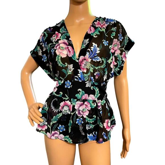 Express Womens Blouse‎ Sheer Floral Print V Neck Short Sleeves Size S Mystigoth - Picture 1 of 9